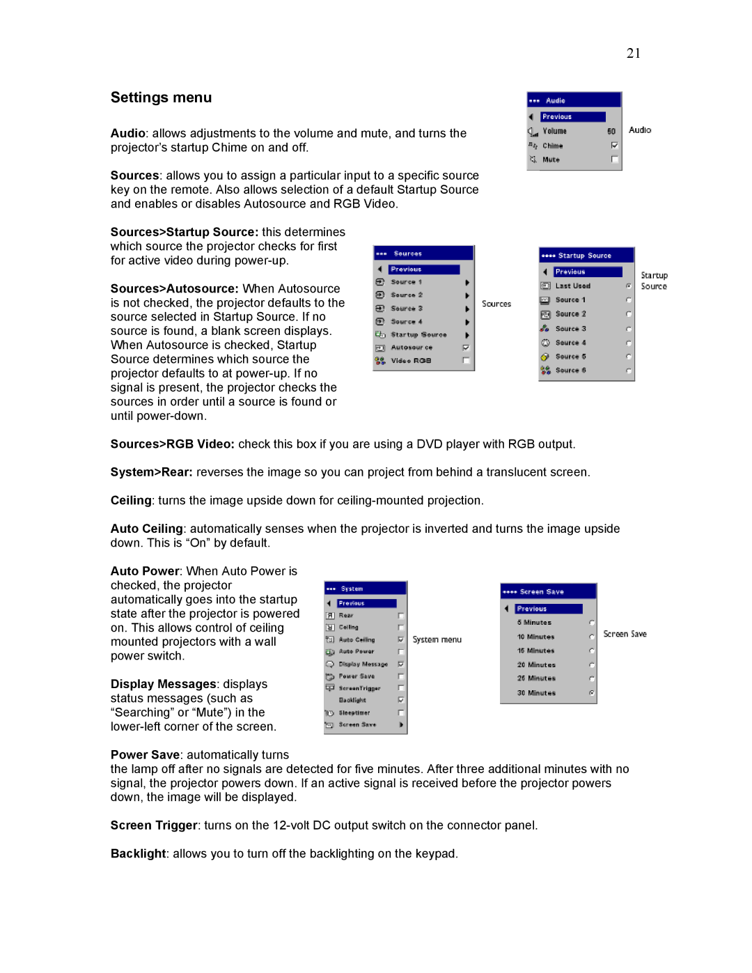 Knoll Systems HD225 user manual Settings menu 