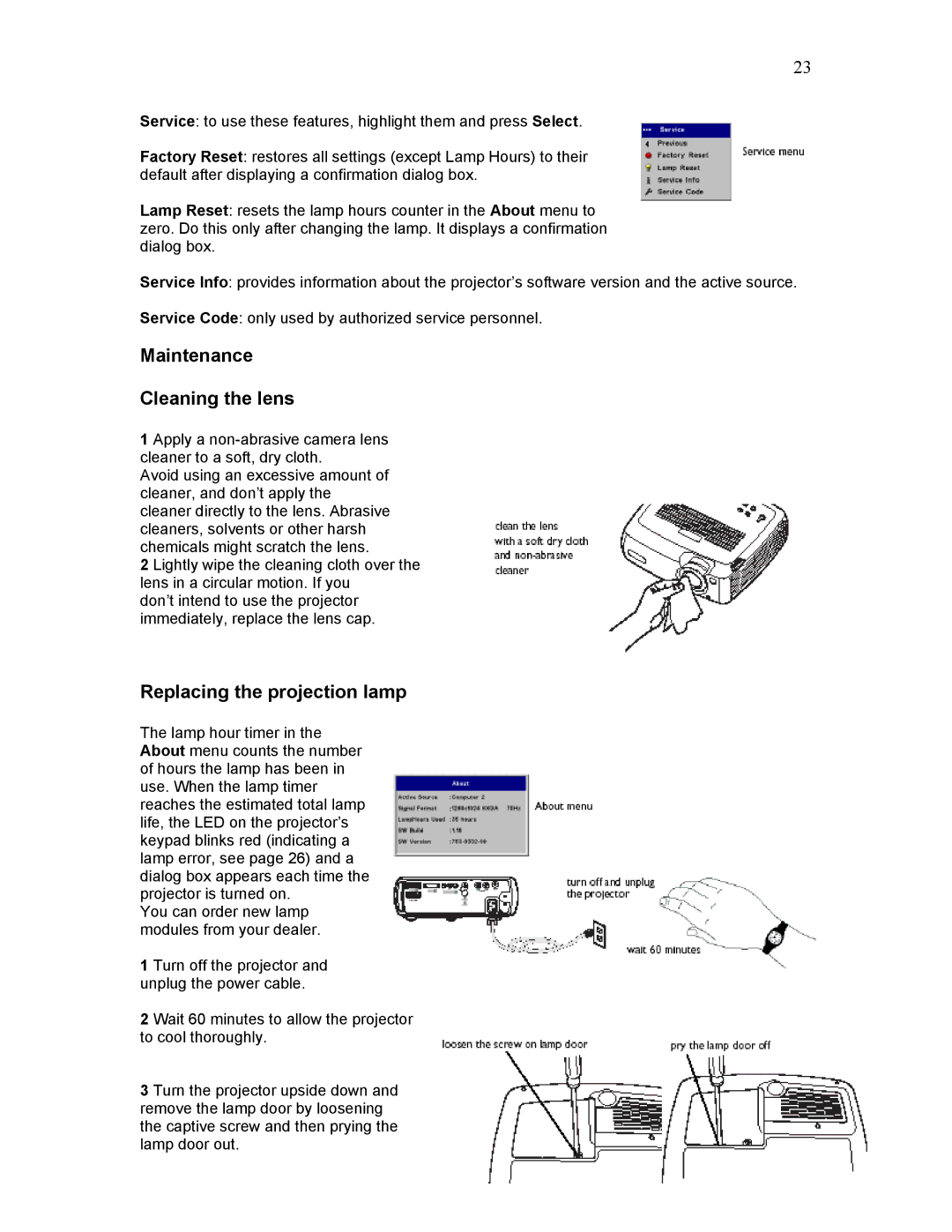 Knoll Systems HD225 user manual Maintenance Cleaning the lens, Replacing the projection lamp 