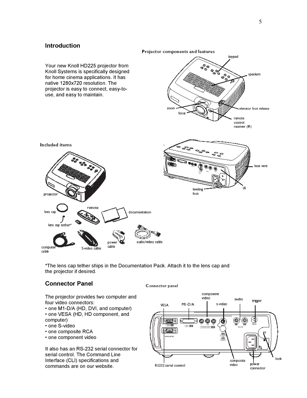 Knoll Systems HD225 user manual Introduction, Connector Panel 