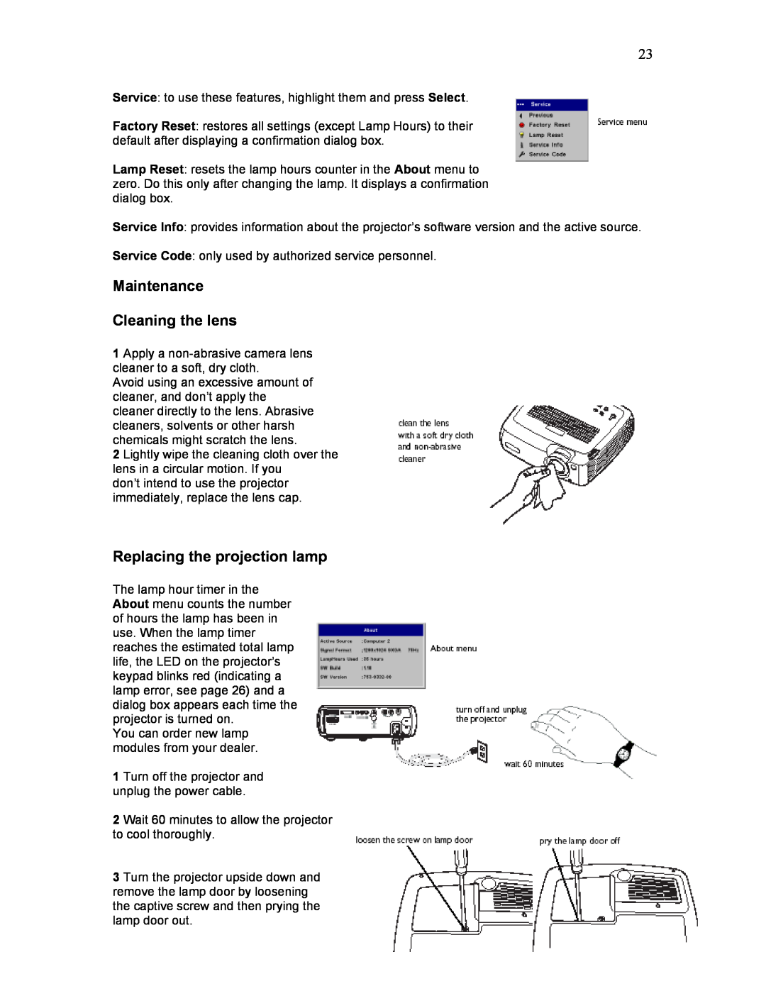 Knoll Systems HD225 user manual Maintenance Cleaning the lens, Replacing the projection lamp 