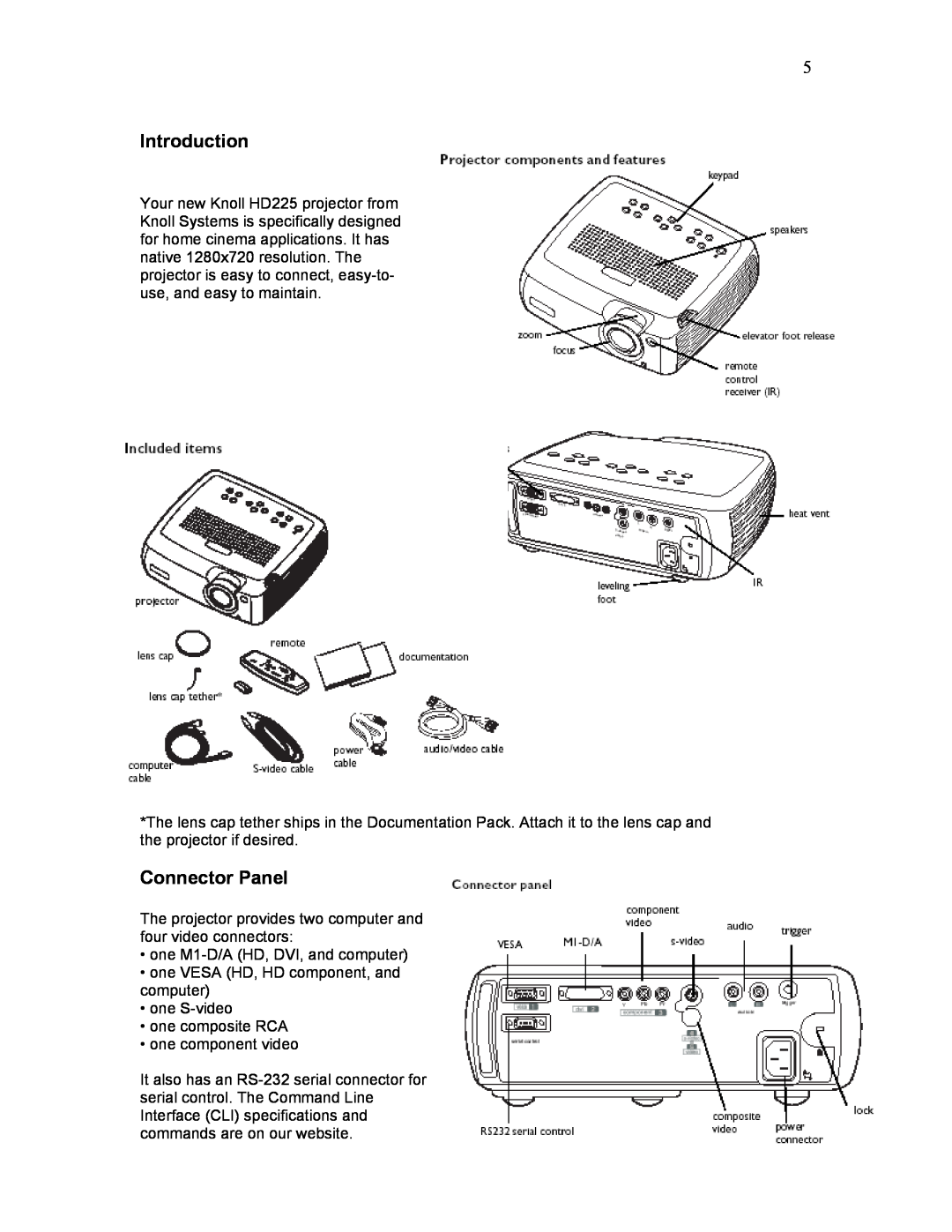 Knoll Systems HD225 user manual Introduction, Connector Panel 