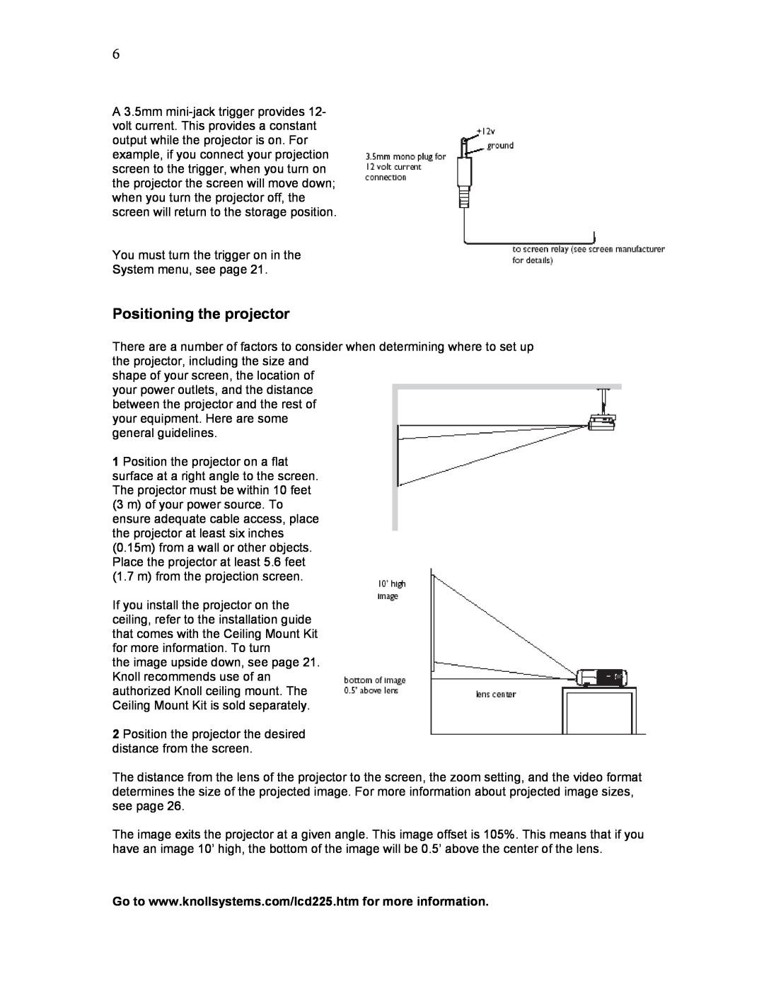 Knoll Systems HD225 user manual Positioning the projector 