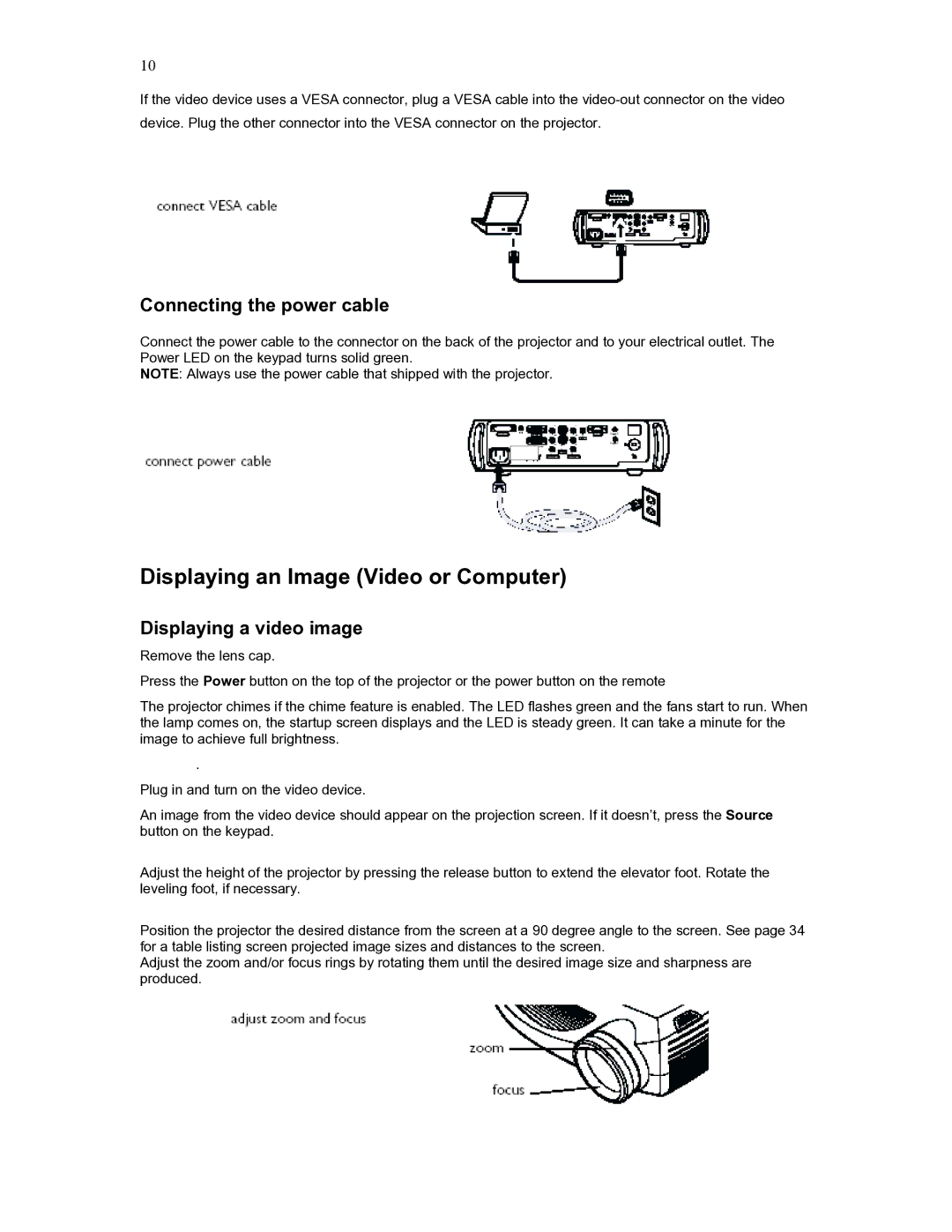 Knoll Systems HD272 user manual Displaying an Image Video or Computer, Connecting the power cable, Displaying a video image 