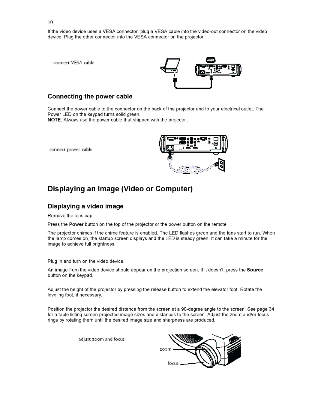 Knoll Systems HD282 user manual Displaying an Image Video or Computer, Connecting the power cable, Displaying a video image 