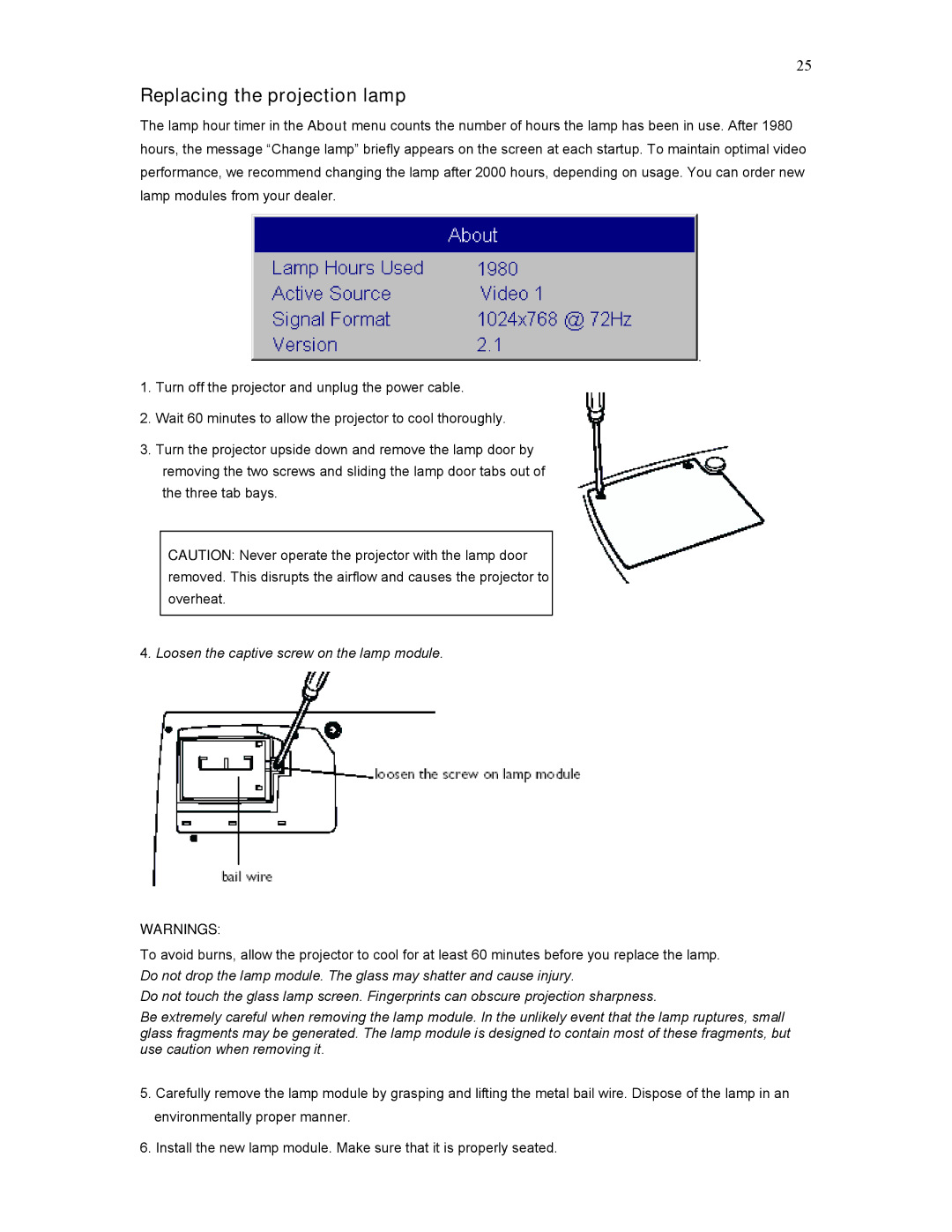 Knoll Systems HD282 user manual Replacing the projection lamp, Loosen the captive screw on the lamp module 