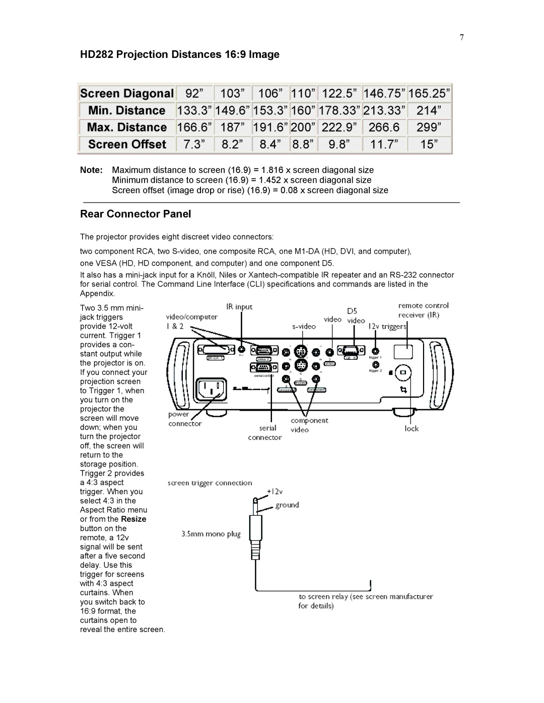 Knoll Systems user manual HD282 Projection Distances 169 Image, Rear Connector Panel 