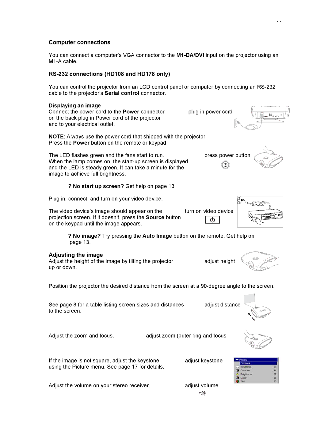 Knoll Systems HD178, HD290, HD108 user manual Computer connections, Displaying an image 