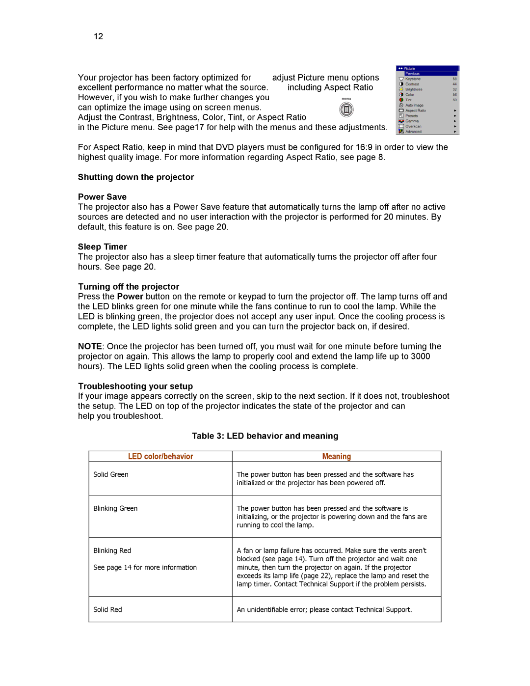 Knoll Systems HD290, HD108, HD178 user manual Shutting down the projector Power Save, Sleep Timer, Turning off the projector 