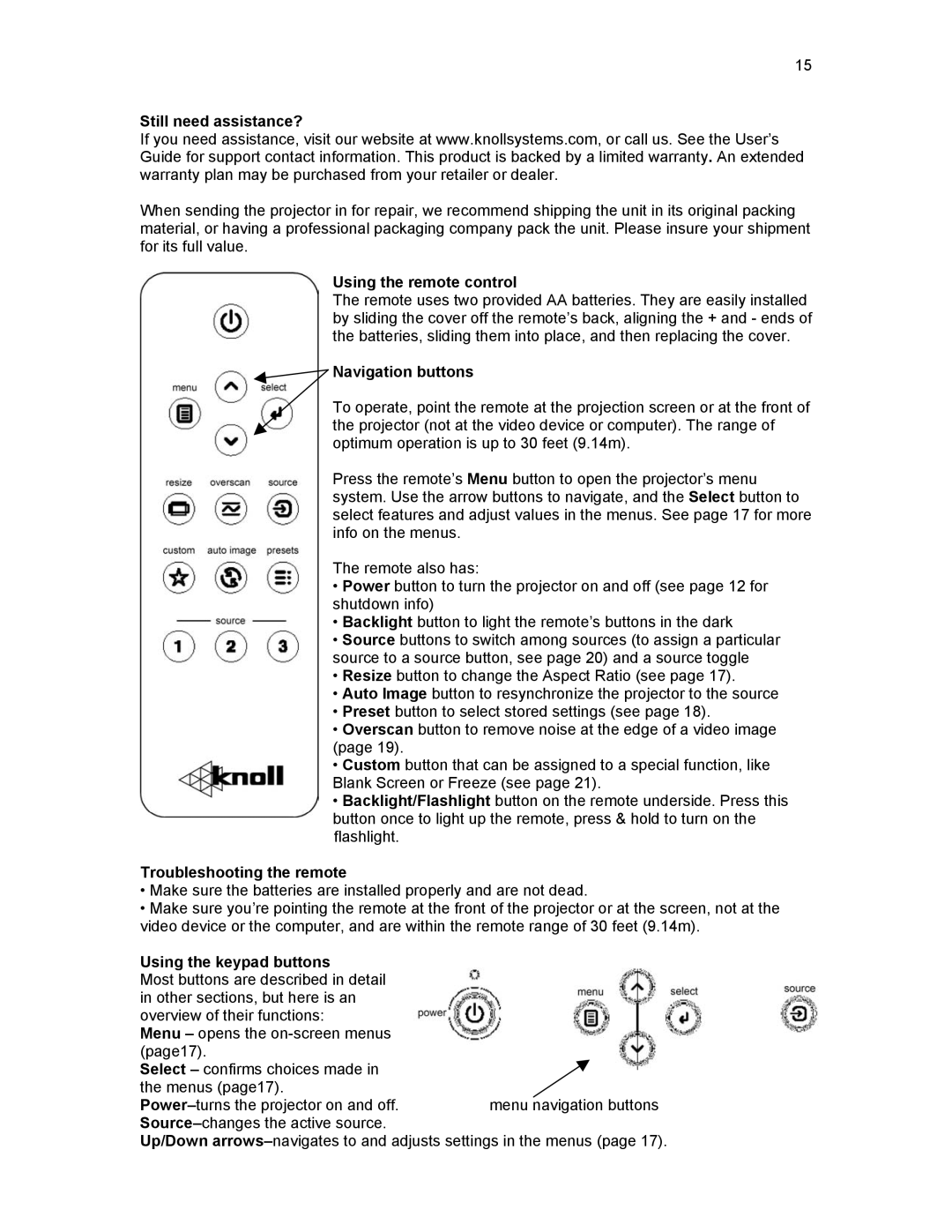 Knoll Systems HD290 Still need assistance?, Using the remote control, Navigation buttons, Troubleshooting the remote 