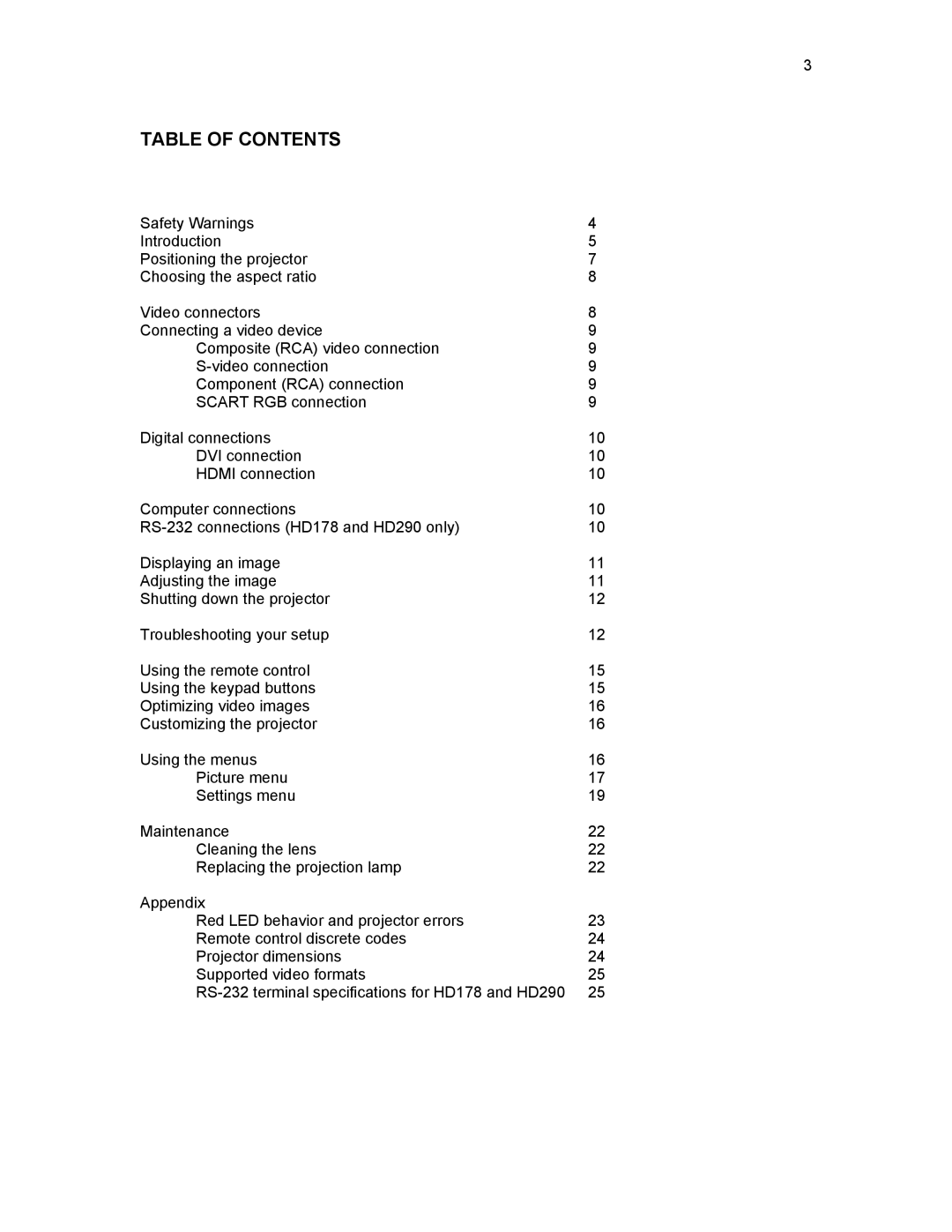 Knoll Systems HD290, HD108, HD178 user manual Table of Contents 