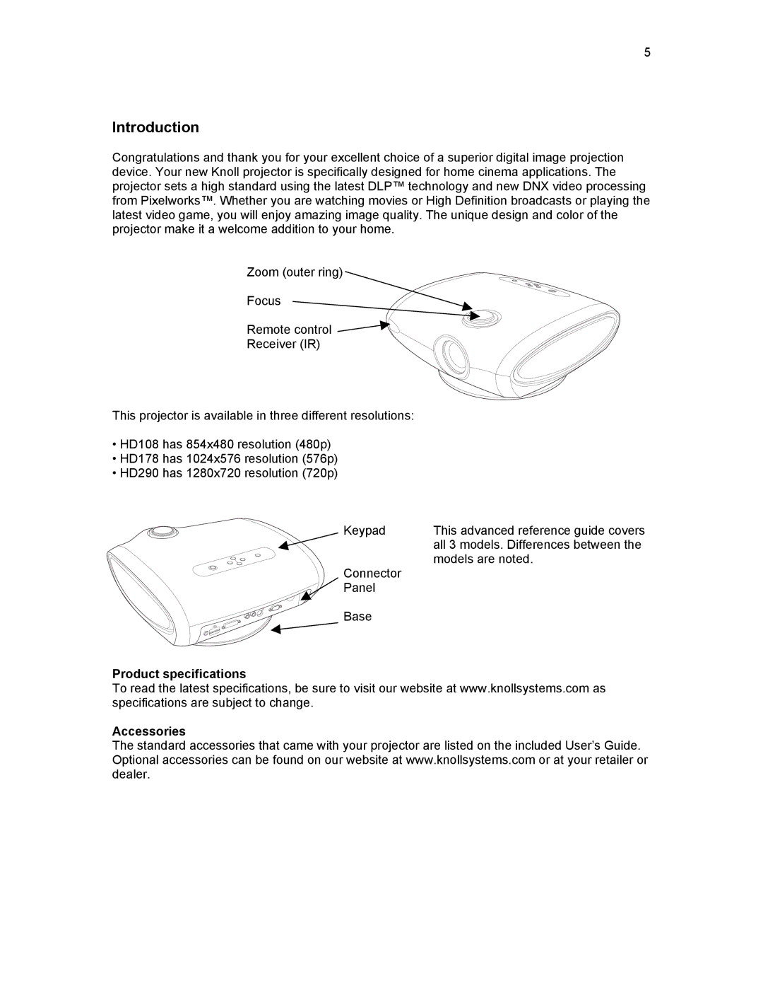 Knoll Systems HD178, HD290, HD108 user manual Introduction, Product specifications Accessories 