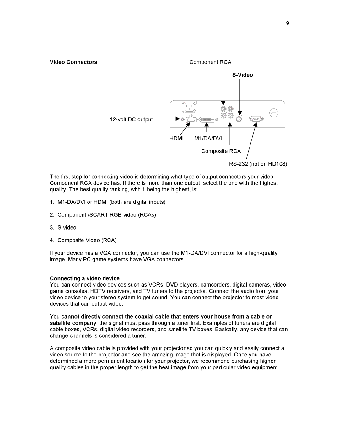 Knoll Systems HD290, HD108, HD178 user manual Video Connectors Component RCA, Connecting a video device 