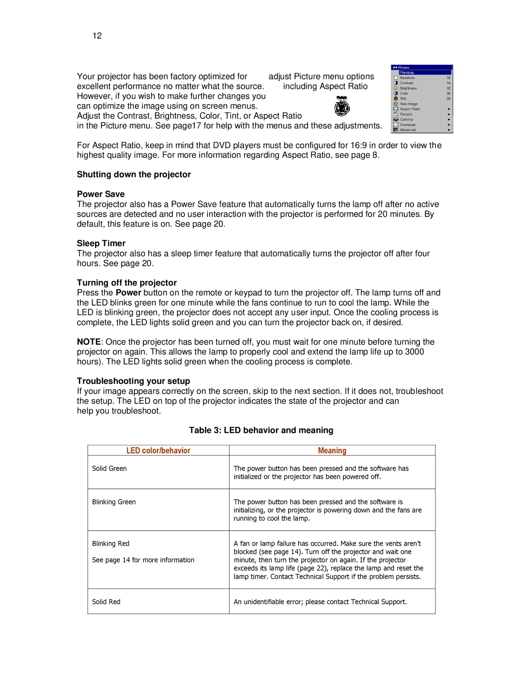 Knoll Systems HD290, HD108, HD178 user manual Shutting down the projector Power Save, Sleep Timer, Turning off the projector 