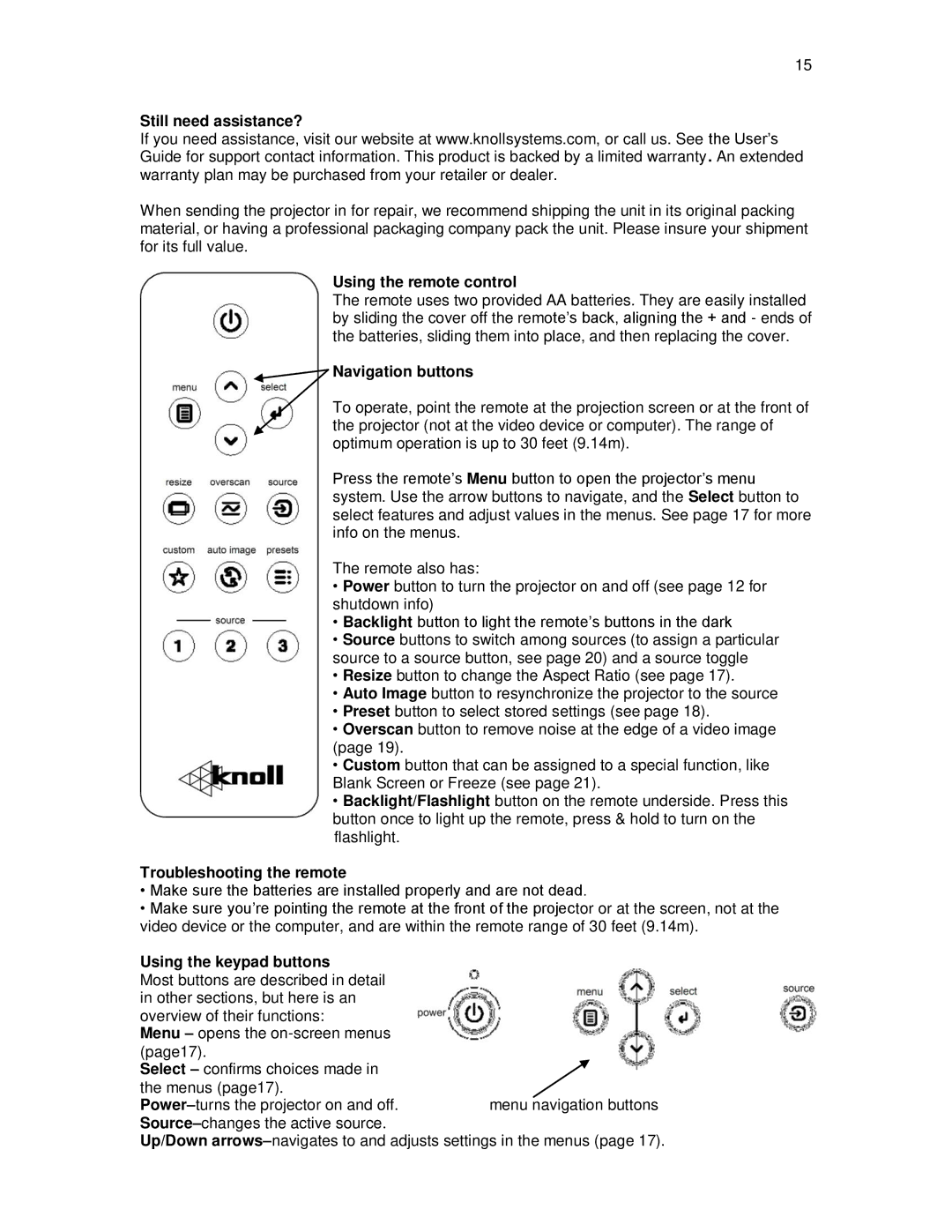 Knoll Systems HD290 Still need assistance?, Using the remote control, Navigation buttons, Troubleshooting the remote 