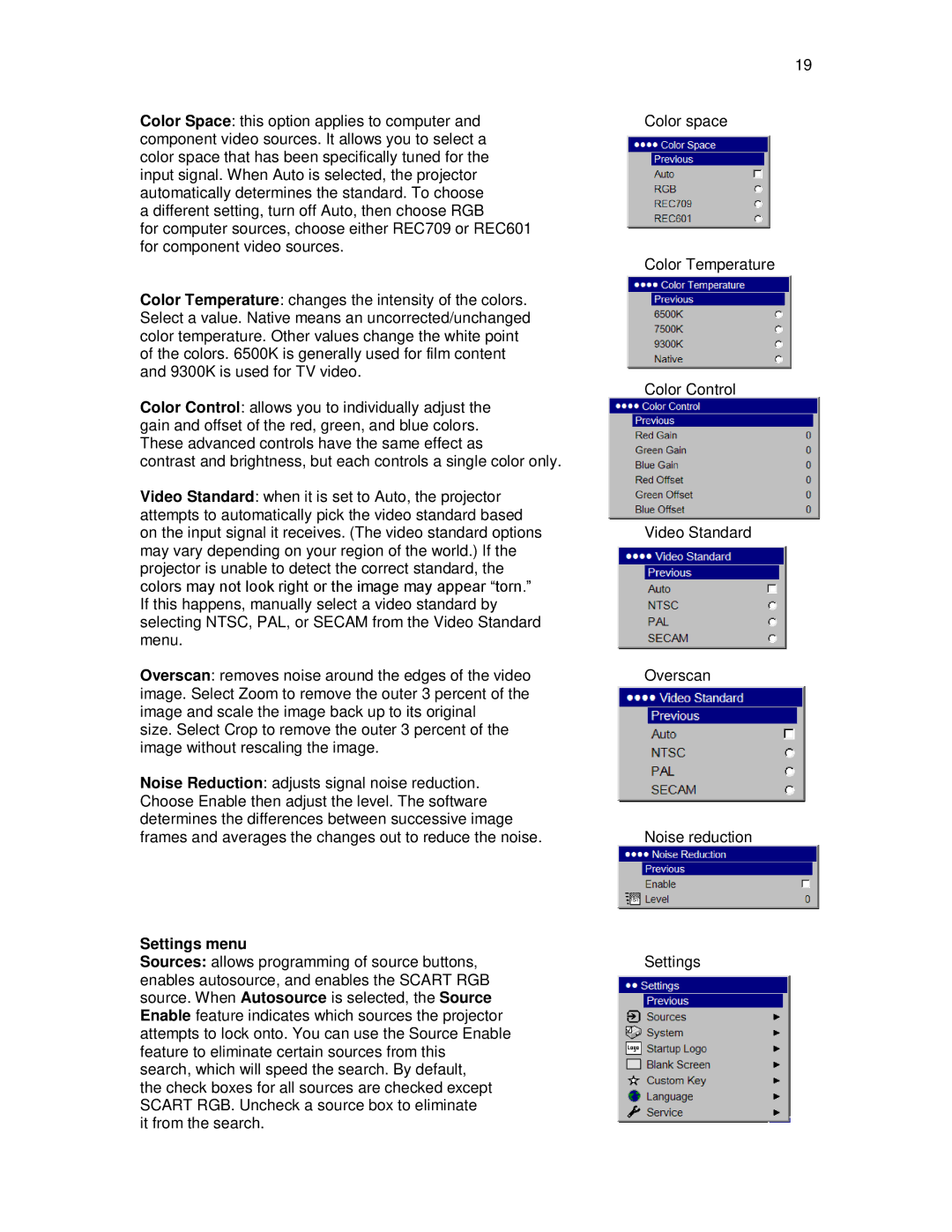 Knoll Systems HD108, HD290, HD178 user manual Settings menu 