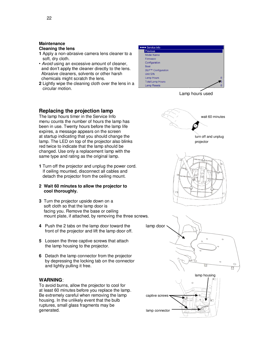 Knoll Systems HD108, HD290, HD178 user manual Replacing the projection lamp, Maintenance Cleaning the lens 