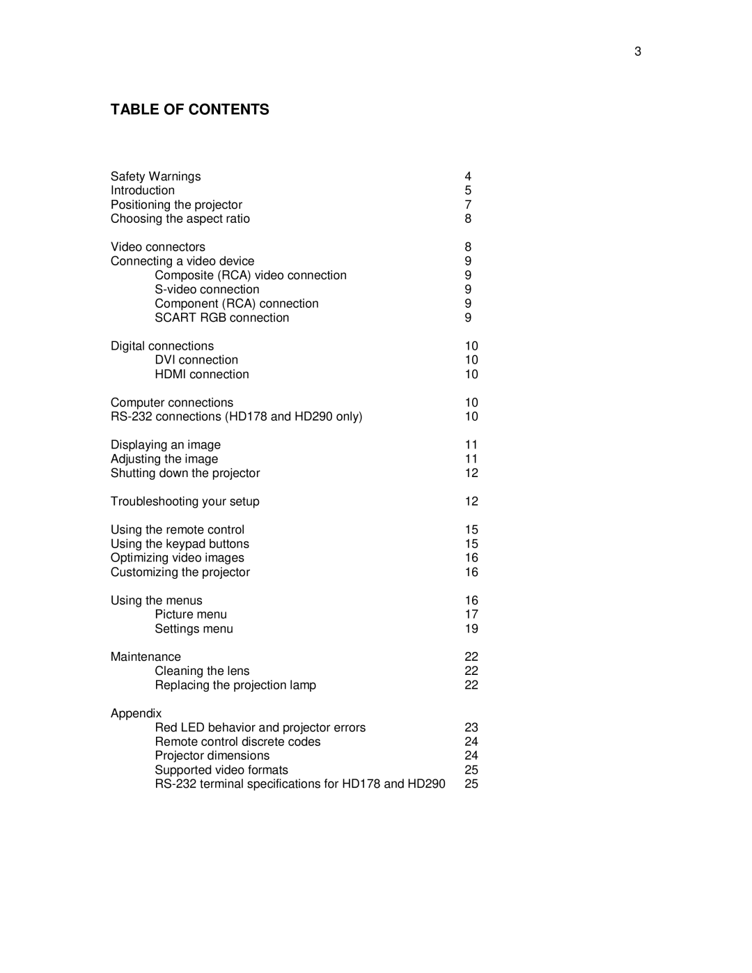 Knoll Systems HD290, HD108, HD178 user manual Table of Contents 