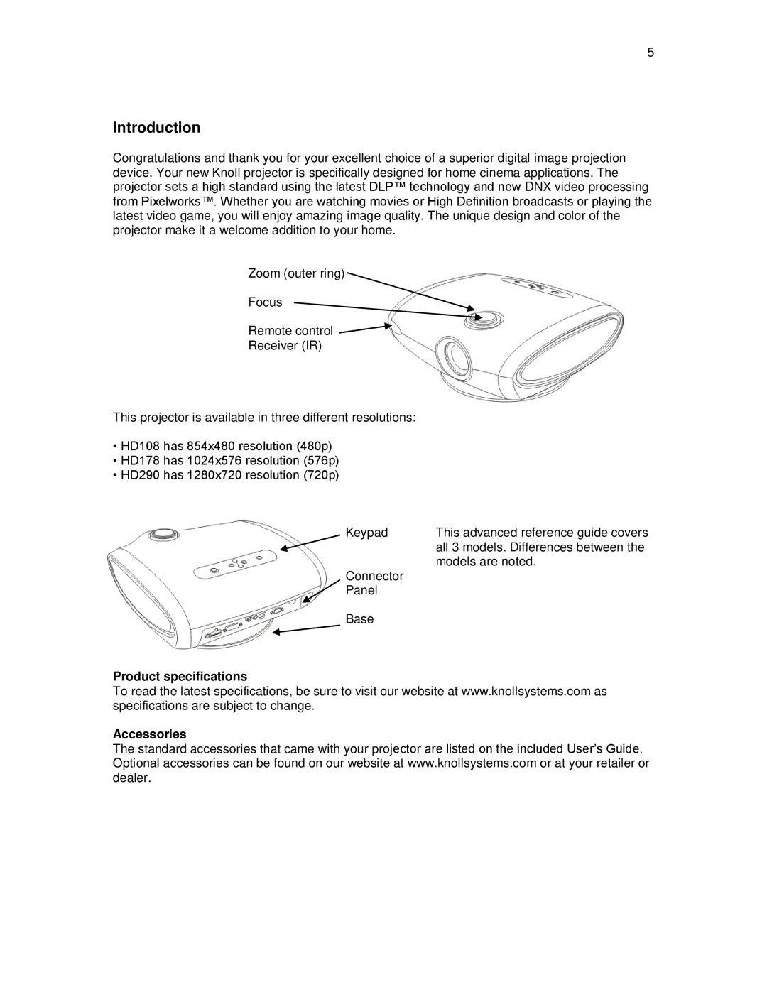 Knoll Systems HD178, HD290, HD108 user manual Introduction, Product specifications Accessories 