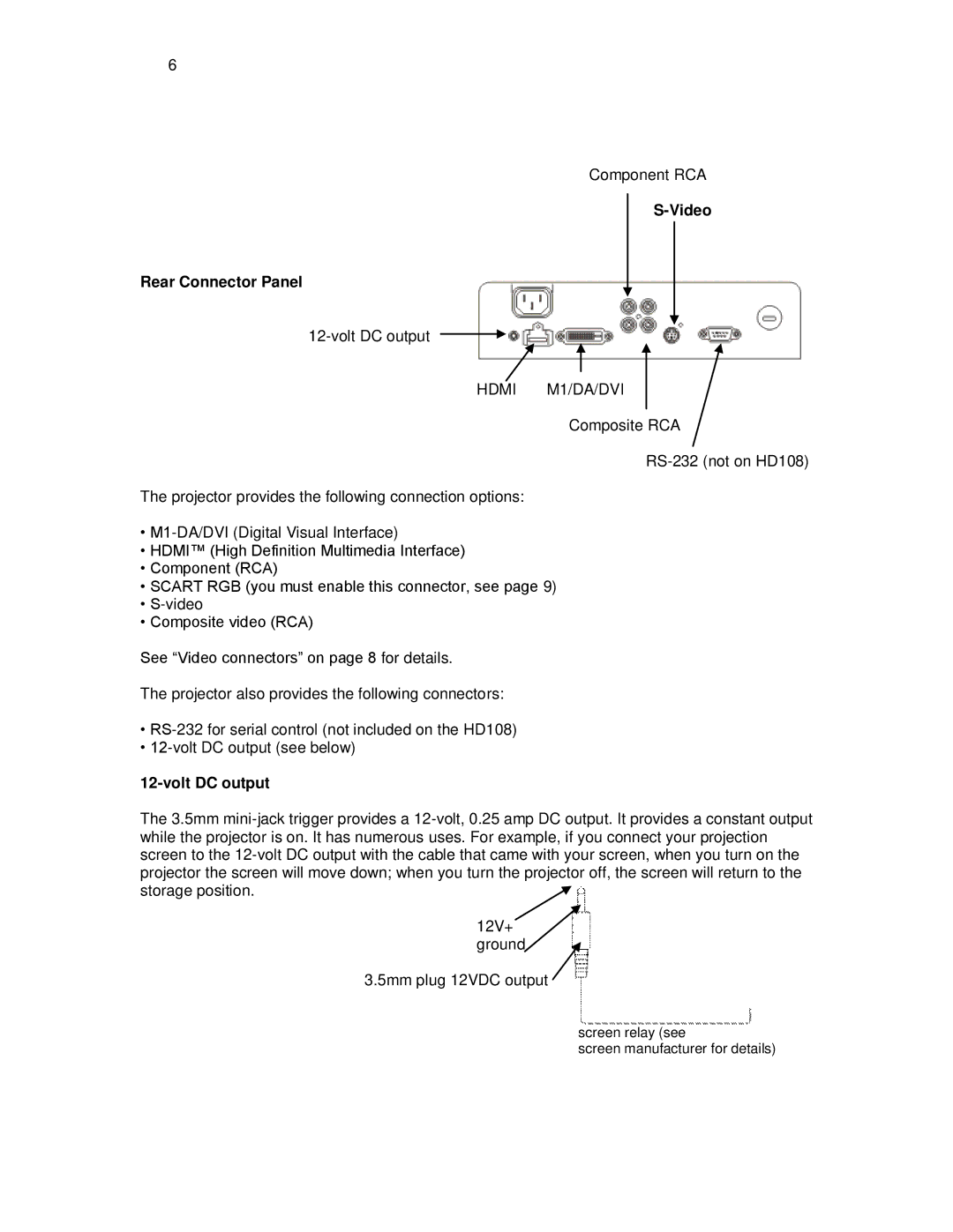 Knoll Systems HD290, HD108, HD178 user manual Video Rear Connector Panel, Hdmi M1/DA/DVI, Volt DC output 