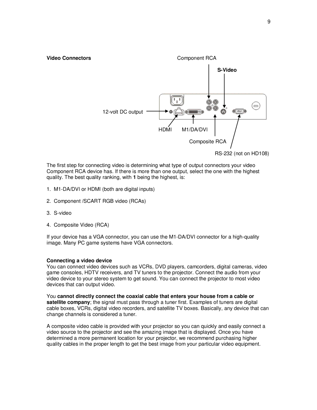 Knoll Systems HD290, HD108, HD178 user manual Video Connectors Component RCA, Connecting a video device 