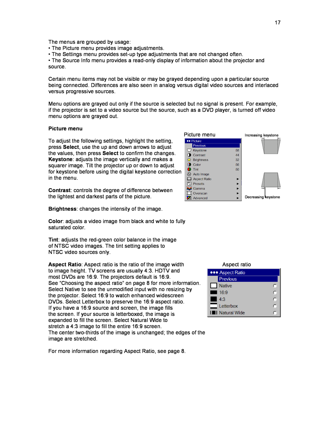 Knoll Systems HD178, HD290, HD108 user manual Picture menu, Increasing keystone, Decreasing 