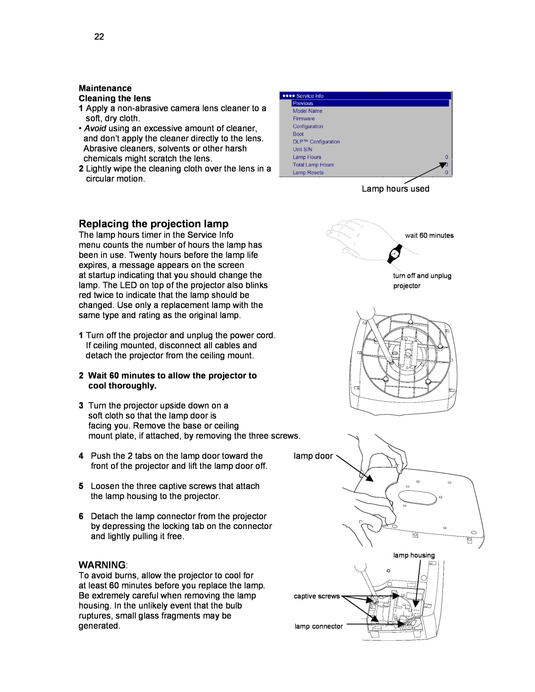 Knoll Systems HD108, HD290, HD178 user manual Replacing the projection lamp, Maintenance Cleaning the lens 