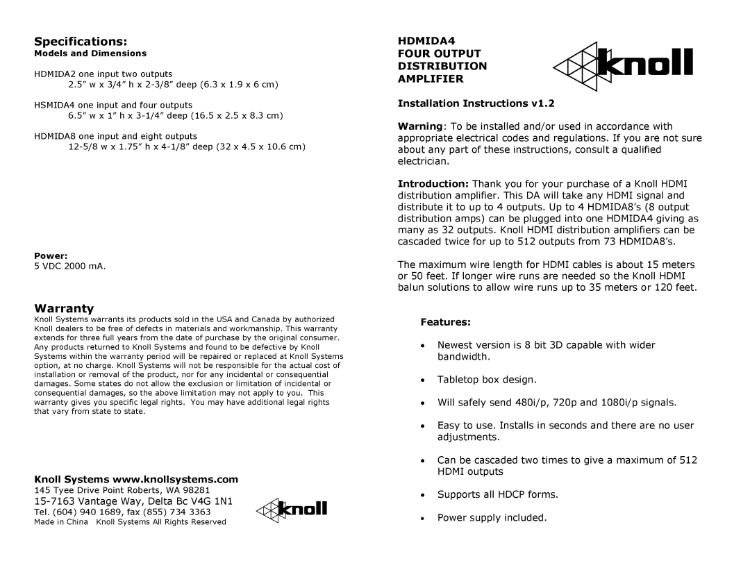 Knoll Systems HDMIDA8, HDMIDA2, HSMIDA4 specifications Specifications, Warranty, Installation Instructions, Features 