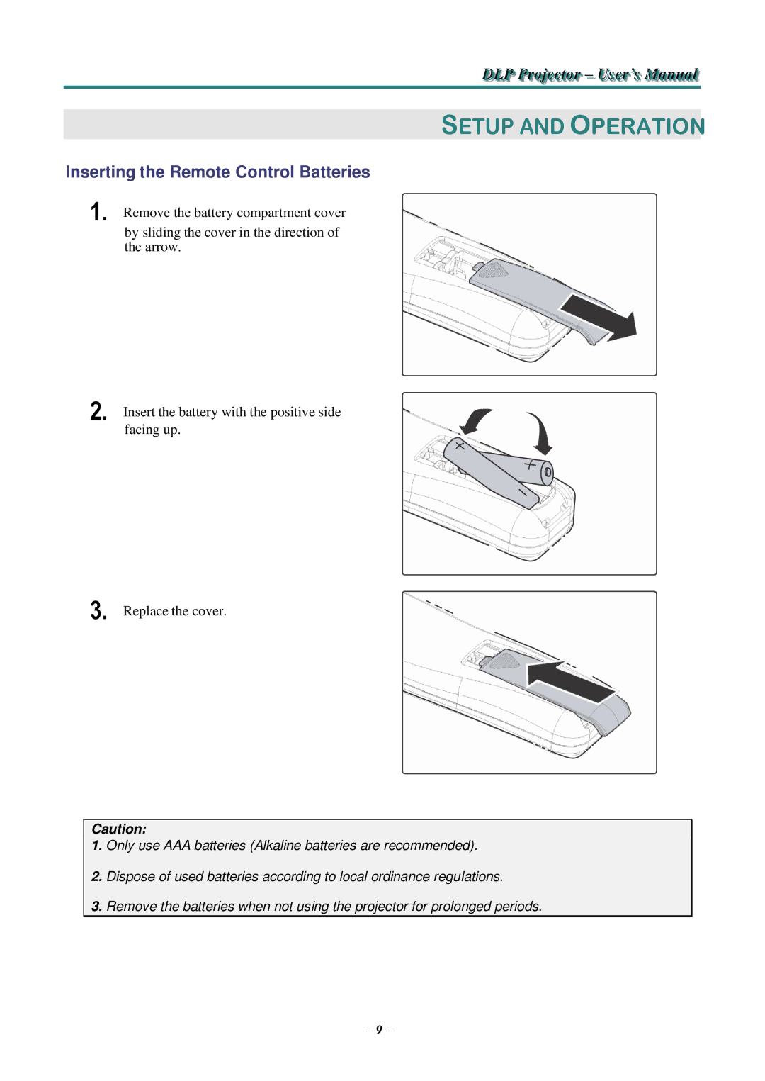 Knoll Systems HDO2200 user manual Setup and Operation, Inserting the Remote Control Batteries 