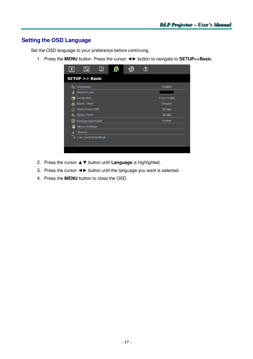 Knoll Systems HDO2200 user manual Setting the OSD Language 