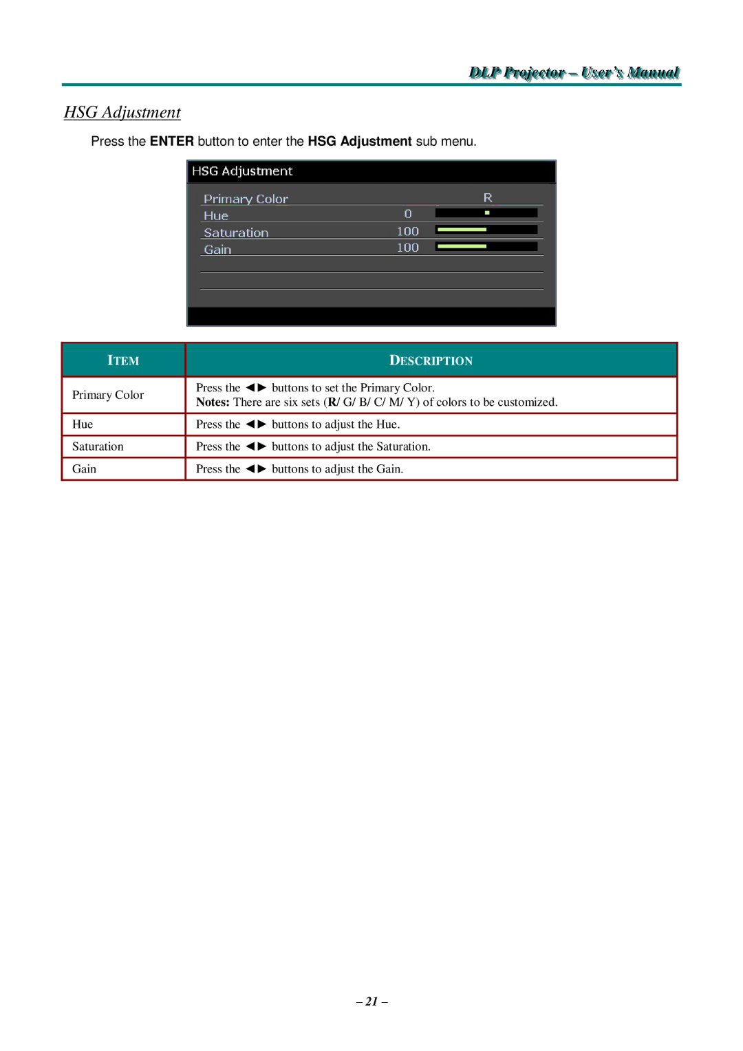 Knoll Systems HDO2200 user manual Press the Enter button to enter the HSG Adjustment sub menu 