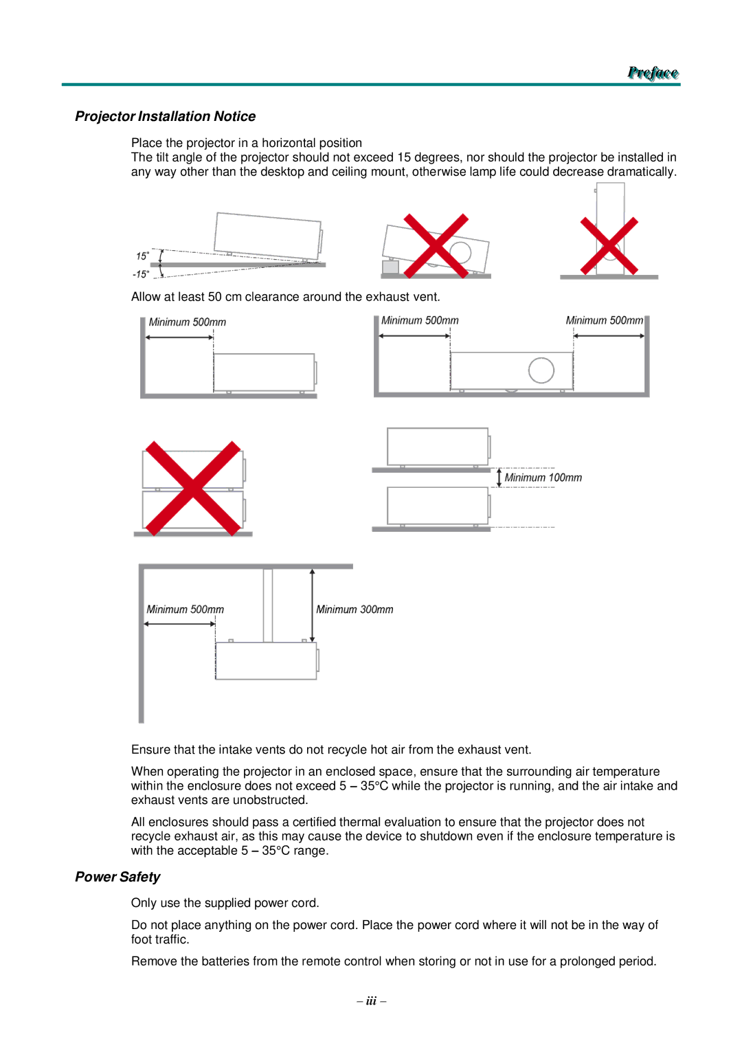 Knoll Systems HDO2200 user manual Projector Installation Notice, Power Safety 