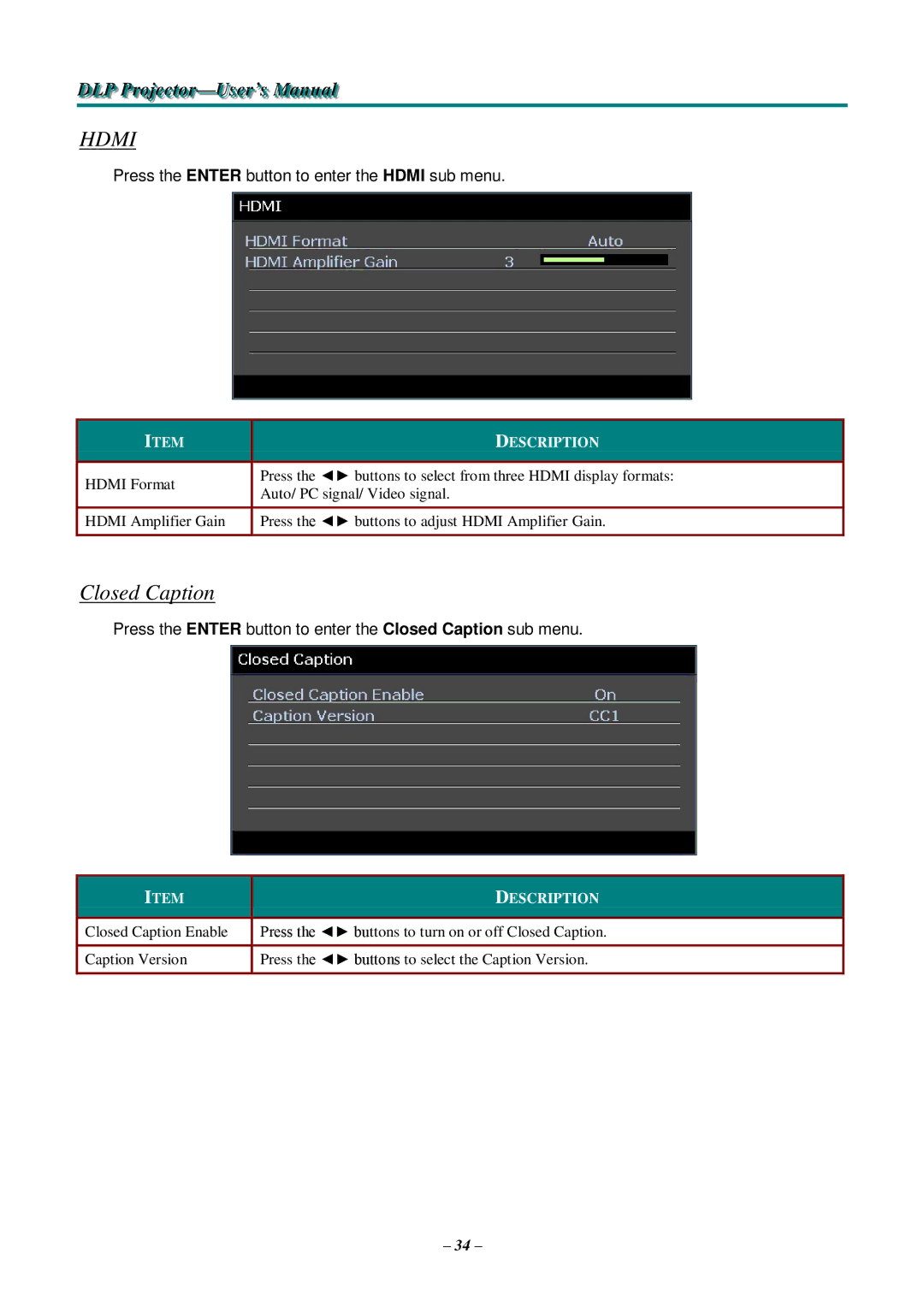 Knoll Systems HDO2200 user manual Hdmi, Closed Caption 