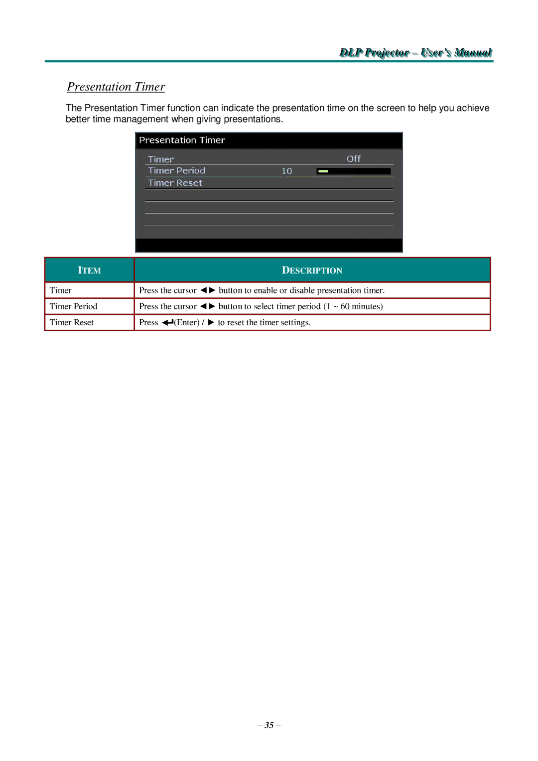 Knoll Systems HDO2200 user manual Presentation Timer 