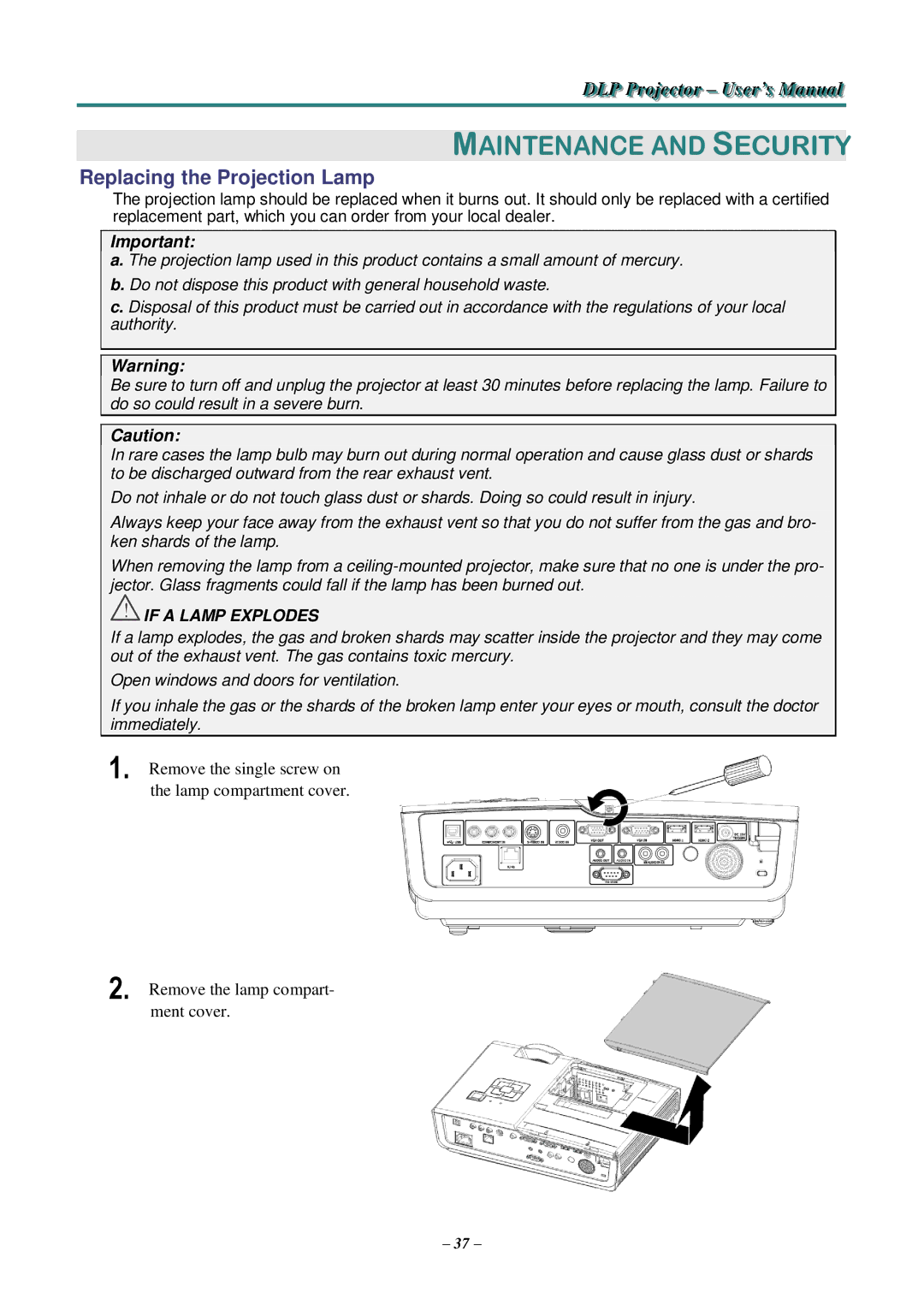 Knoll Systems HDO2200 user manual Maintenance and Security, Replacing the Projection Lamp 