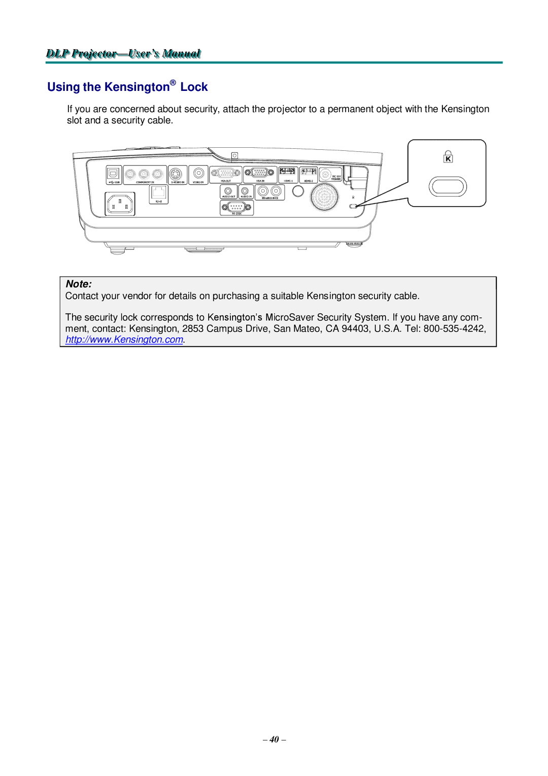 Knoll Systems HDO2200 user manual Using the Kensington Lock 