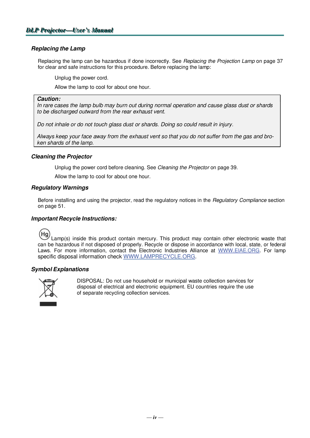 Knoll Systems HDO2200 user manual Replacing the Lamp, Cleaning the Projector, Regulatory Warnings 