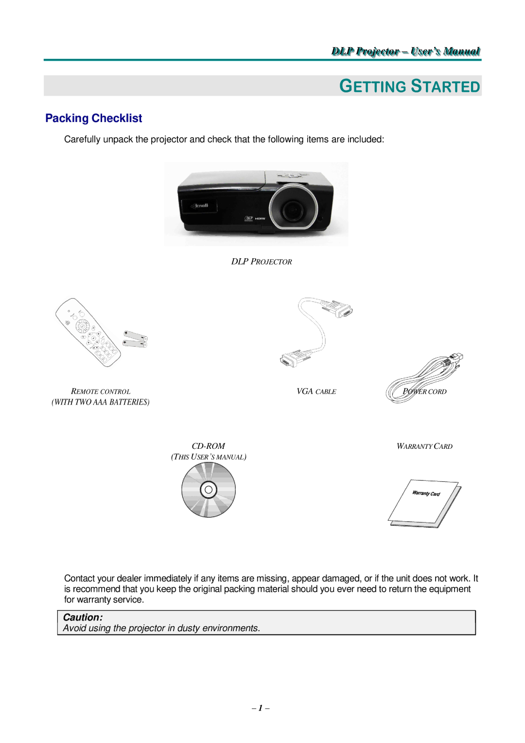 Knoll Systems HDO2200 user manual Getting Started, Packing Checklist 