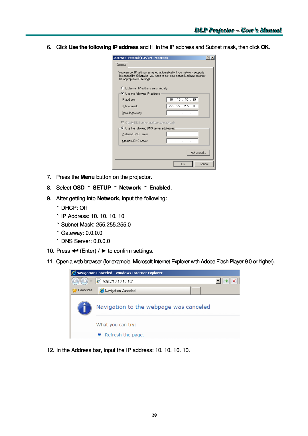 Knoll Systems HDO2200 user manual DLP Projjjectttor - User’s Manualll, Select OSD ´ SETUP ´ Network ´ Enabled 