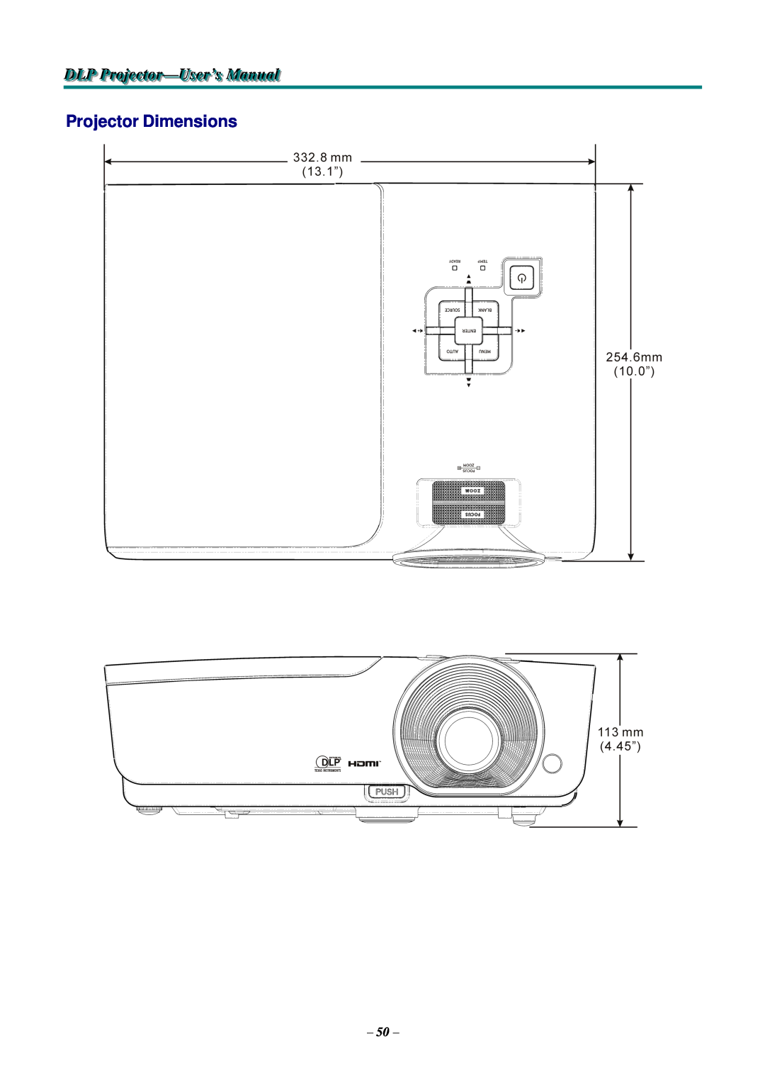 Knoll Systems HDO2200 user manual Projector Dimensions, DLP Projjjectttor-User’s Manualll 