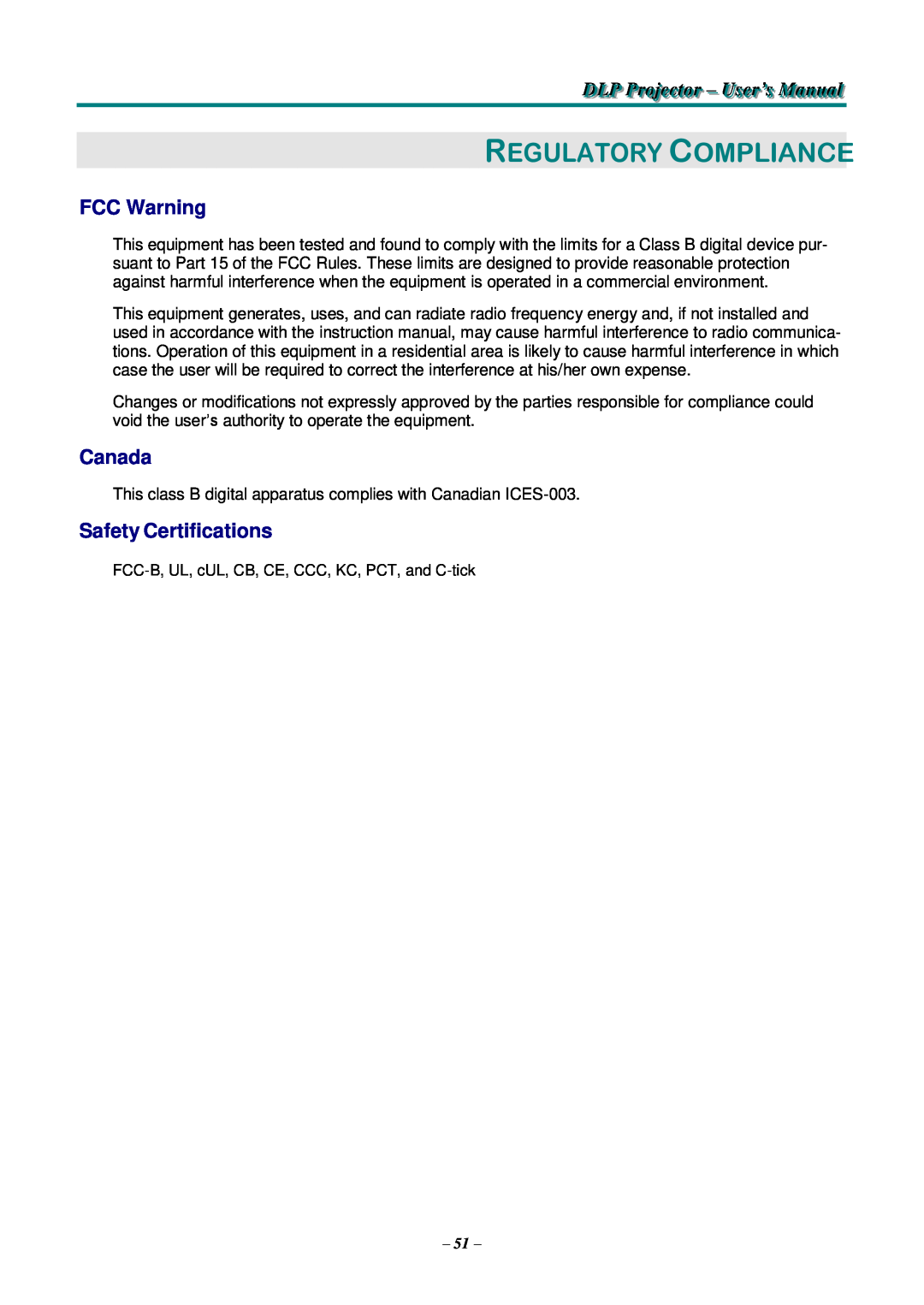 Knoll Systems HDO2200 user manual DLP Projjjectttor - User’s Manualll, Regulatory Compliance, FCC Warning, Canada 
