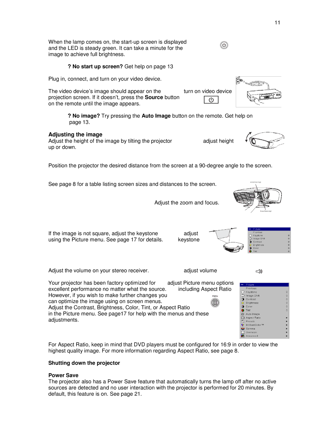 Knoll Systems HDP404 user manual Adjusting the image, Shutting down the projector Power Save 