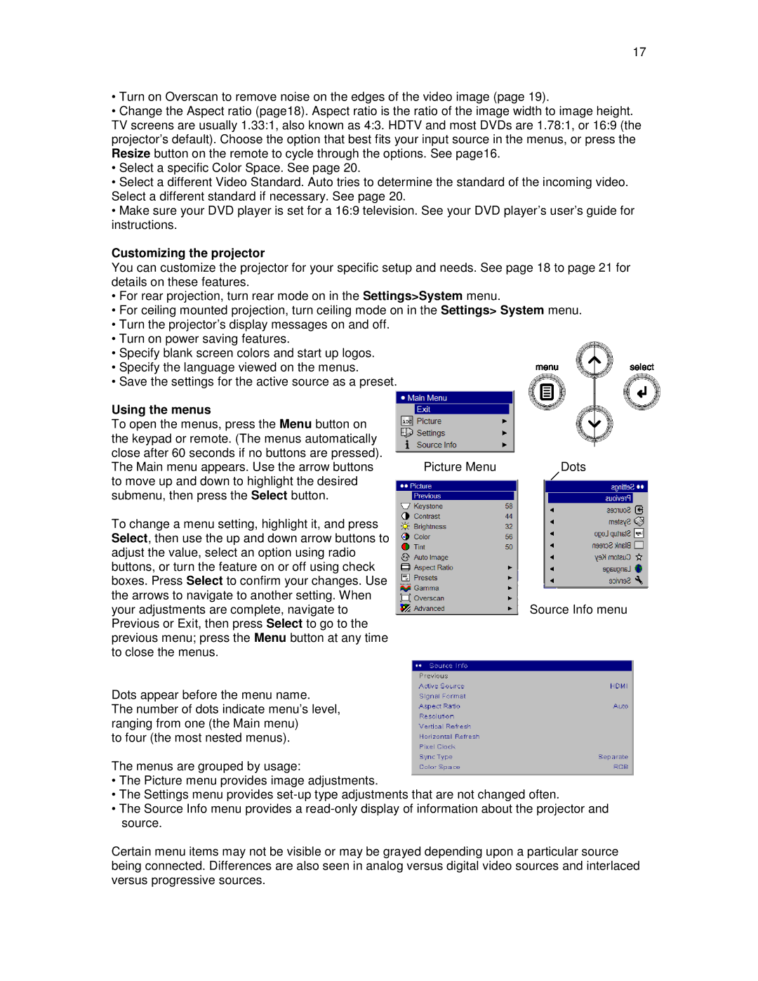 Knoll Systems HDP404 user manual Customizing the projector, Using the menus 