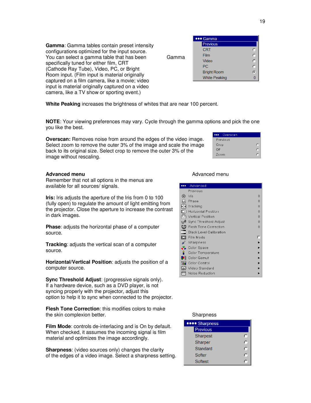 Knoll Systems HDP404 user manual Advanced menu, Horizontal/Vertical Position adjusts the position of a 