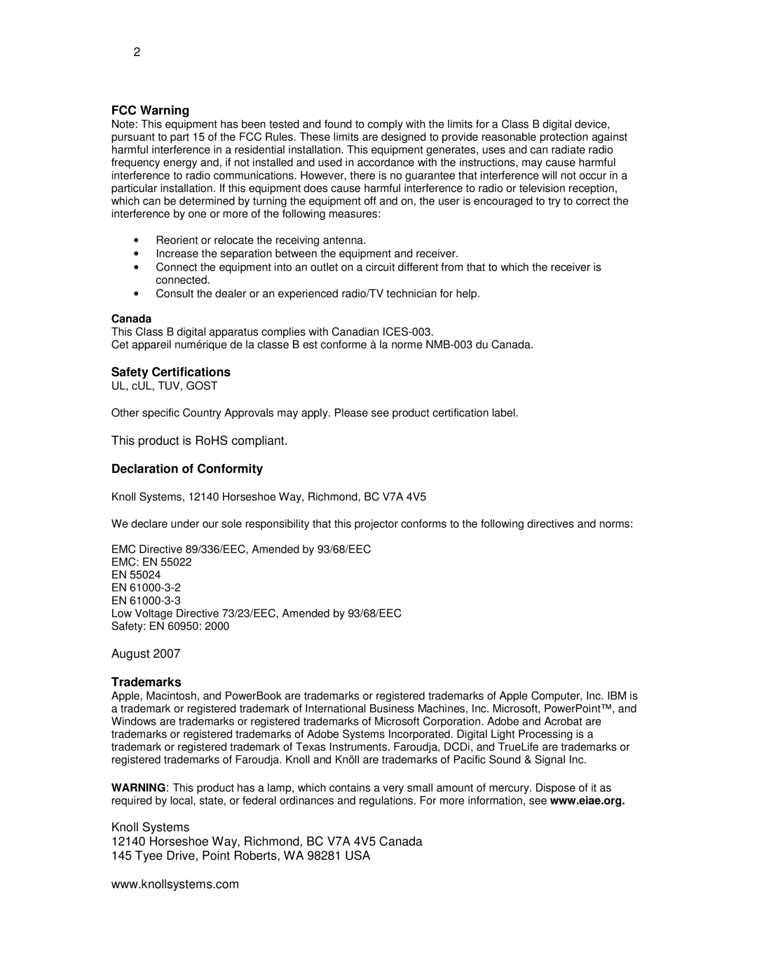 Knoll Systems HDP404 user manual FCC Warning, Safety Certifications, Declaration of Conformity, Trademarks 