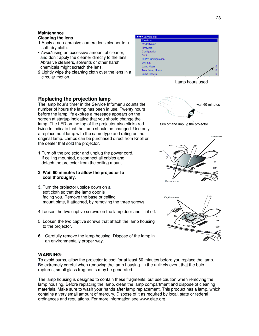 Knoll Systems HDP404 user manual Replacing the projection lamp, Maintenance Cleaning the lens 