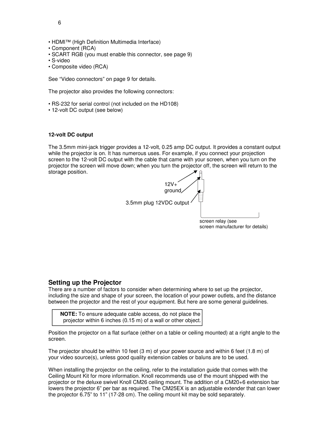 Knoll Systems HDP404 user manual Setting up the Projector, Volt DC output 