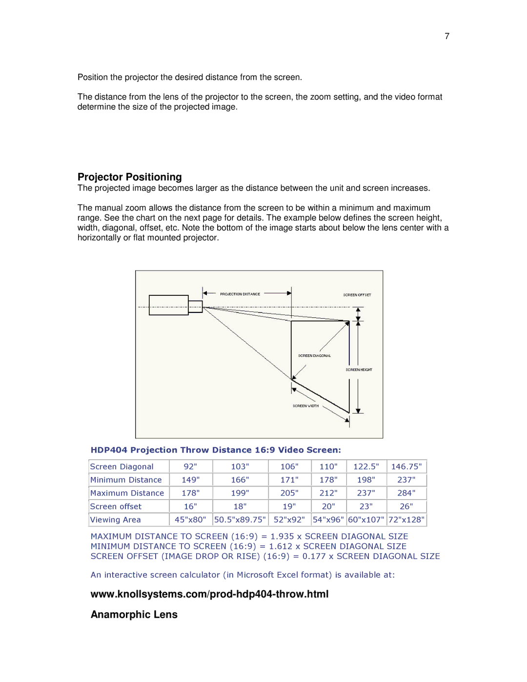 Knoll Systems HDP404 user manual Projector Positioning, Anamorphic Lens 