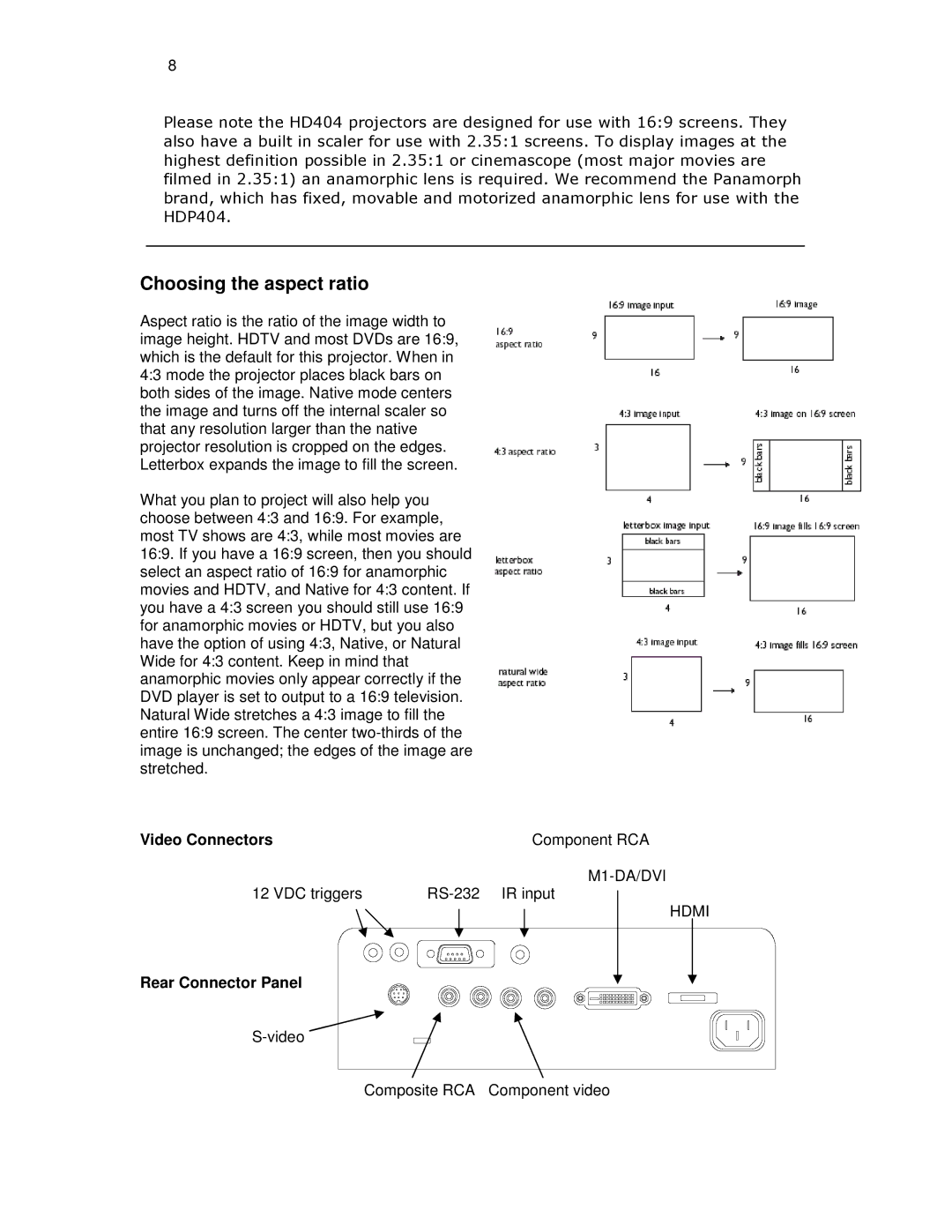 Knoll Systems HDP404 user manual Choosing the aspect ratio, Video Connectors 