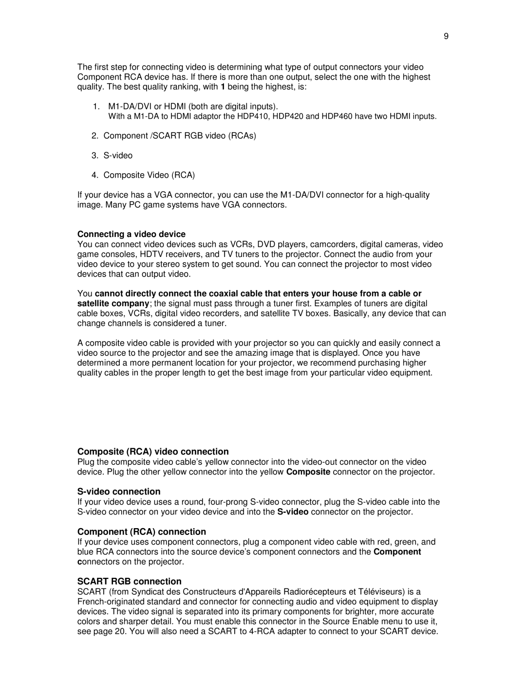 Knoll Systems HDP404 user manual Composite RCA video connection, Connecting a video device 