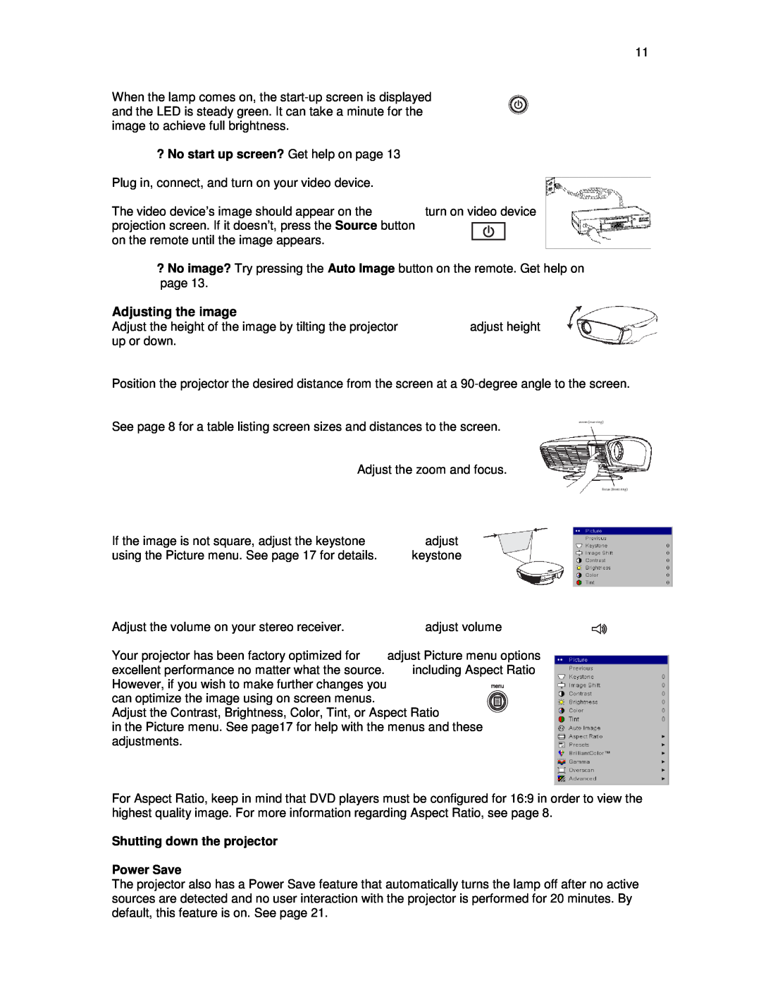 Knoll Systems HDP404 user manual Adjusting the image, Shutting down the projector Power Save 